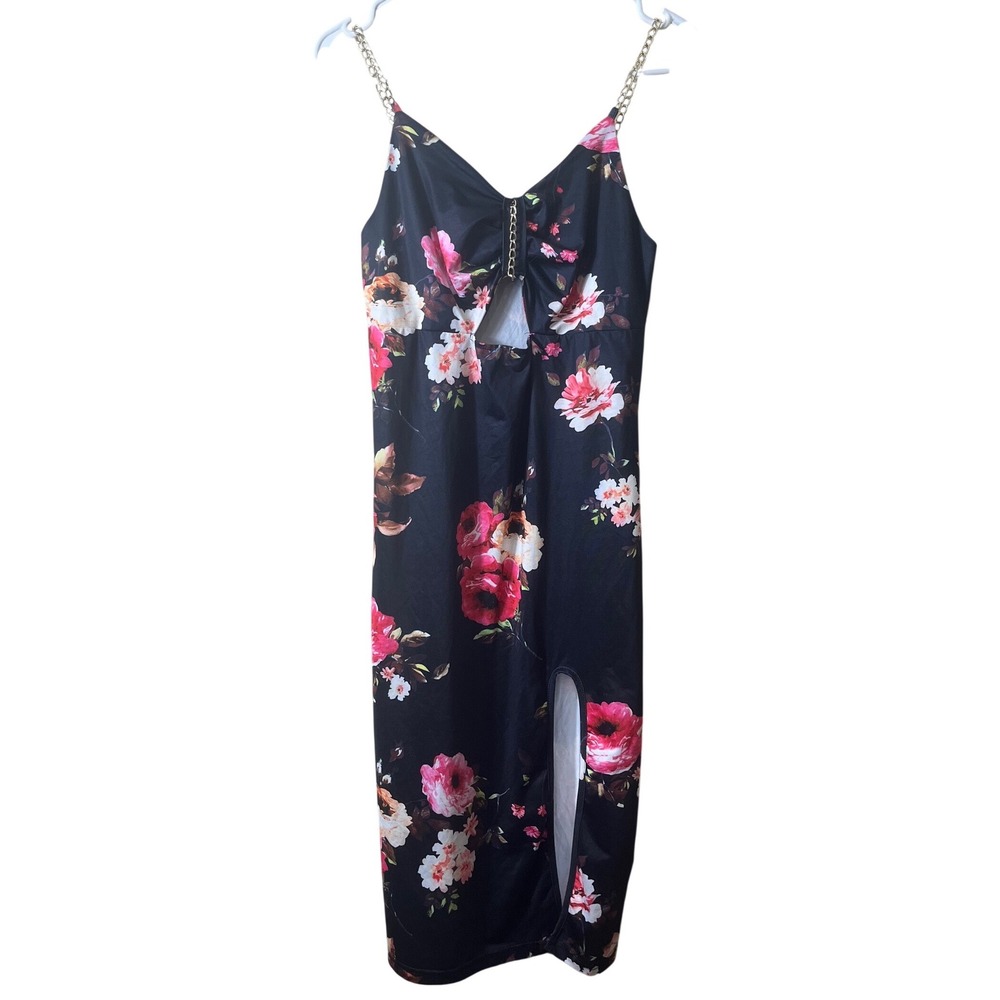 Floral Chain Strap Midi Dress L Black Pink Cutout Slit Bodycon Y2K Aesthetic